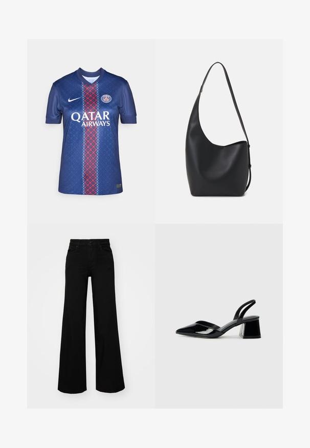 Camisa de futebol azul-marinho feita de tecido suave, apresentando um padrão geométrico, faixa vertical vermelha e branca, e o logótipo "QATAR AIRWAYS".; Calças largas pretas em denim, com uma cintura estruturada, passantes para cinto e bolsos frontais. Textura suave com um design clássico.; Sandy em verniz preto com salto slingback, ponta afilada e salto geométrico. Apresenta um design elegante e minimalista com textura suave.; Saco hobo preto em pele com uma textura lisa, forma curva e uma única alça ajustável; apresenta uma abertura larga na parte de cima.