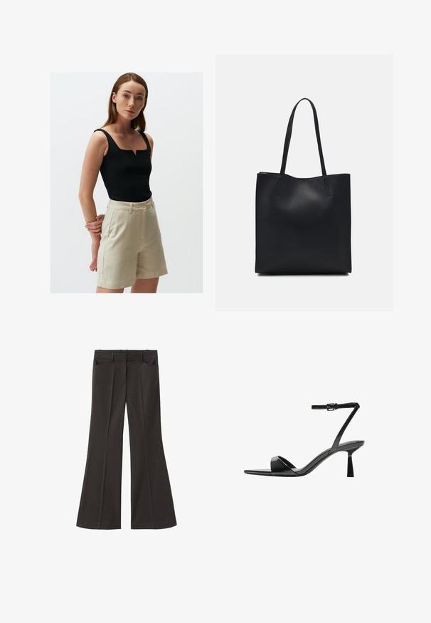 Jimmy Key SLEEVELESS - Top - black; Zwarte flared broek met een hoge taille; beschikt over twee voorkeurszakken en een gladde stoftextuur. Geschikt voor verschillende gelegenheden.; Bershka Sandalen met hoge hak - black; Zwarte leren handtas met een gladde textuur, rechthoekige vorm en twee lange handvaten. Geen zichtbare hardware of versieringen.