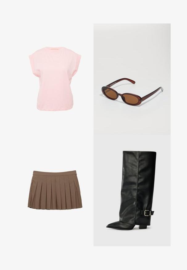Lichtroze katoenen T-shirt met korte cap mouwen, ronde halslijn en een relaxte pasvorm. Soepele textuur, minimalistisch ontwerp, geen zichtbare patronen of accenten.; Bruine geplooide minirok met een tailleband en subtiele zijlogo-opdruk op een witte achtergrond.; Zwarte leren enkellange laarzen met een spitse neus, een gladde textuur en een zilveren gesps Accent aan de zijkant. Stevige vierkante hak.; Ronde, bruin getinte zonnebril met een glanzend bordeauxrood frame. Slanke pootjes met subtiele merkdetails. Vlakke lensontwerp.; Bruine suède handtas met een zachte, slungelige vorm. Voorzien van leren handvatten en een tagaccent. Eenvoudige textuur met gebogen naden.