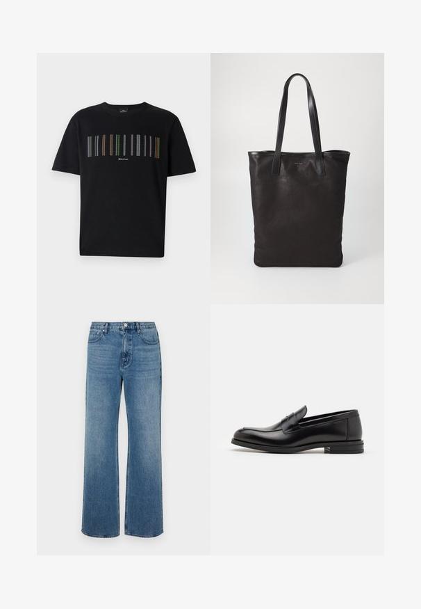 Mustat lyhythihaiset t-paidat, joissa on monivärisiä pystysuoria raitoja rinnan alueella ja pieni logo alareunassa. Pehmeä puuvillakangas.; Levelederg blå jeans laget av denim med en falmet finish. Har fem lommer, glidelås foran og rett snitt.; Mustat nahkakengät, joissa on sileä pinta, pyöreä kärki ja koristeellinen nauha jalkapöydän yli. Matala pinoitu koroke, minimalistinen muotoilu.; Mustat kangaskassit mustilla nahkahandleilla. Yksinkertainen muotoilu, tilava runko ja sileä pinta. Ei näkyviä logoja tai kuvioita.