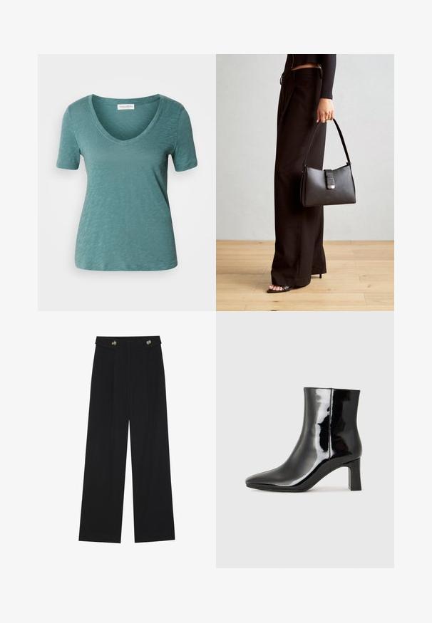 Tričko s krátkym rukávom a v-neck výstrihom v tyrkysovo modrej farbe, vyrobené z ľahkého materiálu s textúrovaným povrchom, s čistým lemom a uvoľneným strihom.; Čierne široké nohavice s vysokým pásom, so zapínaním na gombíky na páse a prednými sklady.; Čierne lakované členkové topánky s špicatou špičkou a stredne vysokým blokovým podpätkom. Hladká textúra a minimalistický dizajn.; Čierna kabelka so štruktúrovaným tvarom, hladkou textúrou a kovovou sponou. V kombinácii so širokými čiernymi nohavicami a sandálmi s otvorenou špičkou na drevenej podlahe.