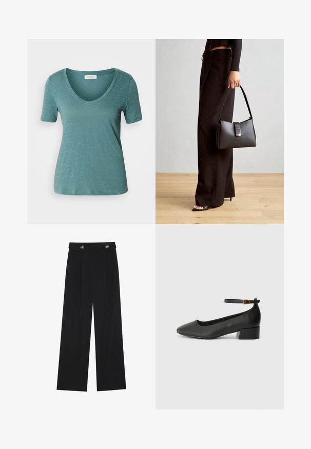 T-kreklu ar īsām piedurknēm un V veida kakla izgriezumu teal zili, izgatavots no viegla auduma ar teksturētu virsmu, ar tīru apakšmalu un brīvu piegriezumu.; Melnas platās bikses ar augstu jostasvietu, pogu detaļām uz jostas un priekšējām krokām.; Melnas ādas sūkņi ar smailu purngalu un zemu bloku papēdi. Iezīmēts ar potītes siksniņu ar zelta krāsas sprādzi. Gluda tekstūra.; Melnā somiņa ar strukturētu formu, gludu tekstūru un metālu sprādzi. Saskaņota ar platām melnām biksēm un sandālēm ar atvērtu purngalu uz koka grīdas.