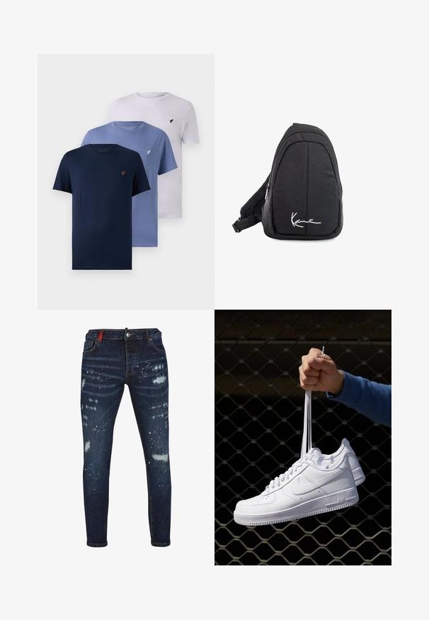 Drie crew neck t-shirts in donker marineblauw, lichtblauw en wit. Gemaakt van katoen met een zachte textuur, voorzien van een klein logo op de borst.; Donkerblauwe spijkerbroek met versleten plekken, spetters verf in wit en blauw, en een slim fit ontwerp. Voorzien van knoop- en ritssluiting.; Witte leren sneakers met perforaties, ronde neus, vlakke zool en dikke veters, met een zichtbare swoosh-logo en "AIR" op de hiel.; Zwarte stoffen schouderrugzak met een soepele textuur, met een gebogen ontwerp, een ritscompartiment en een wit logo aan de voorkant.