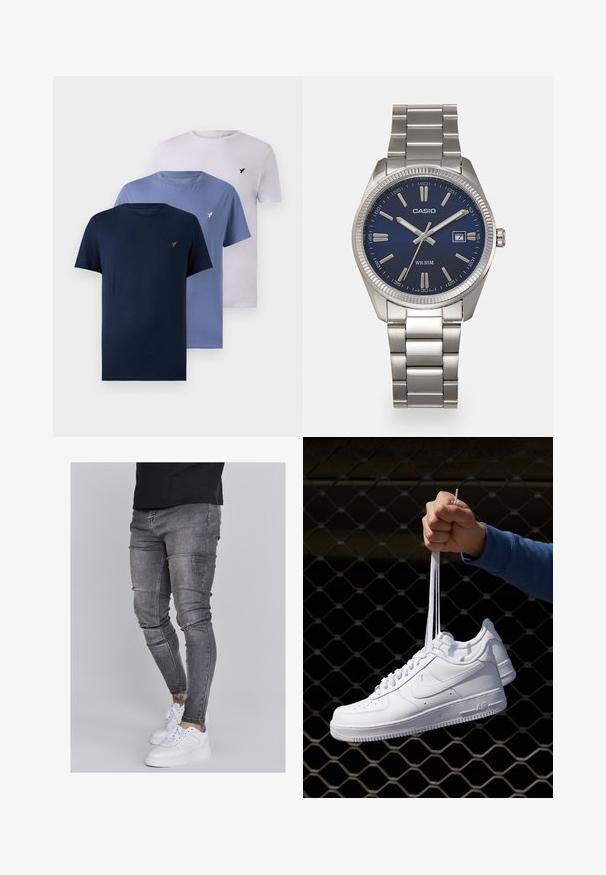 Tri crewneck majice v temno modri, svetlo modri in beli barvi. Narejene so iz bombaža z mehkobo na otip in imajo majhen logo na prsih.; Oprijete jeans hlače iz izbledele sive denima, z obrabljenimi detajli na kolenih, v kombinaciji z belimi športnimi copati. Gladka tekstura, oblikovan slim fit dizajn.; Bela usnjena športna obutev s perforacijami, okroglo konico, ravnim podplatom in debelimi vezalkami, z vidnim logotipom smoosh in napisom "AIR" na peti.; Srebrna nerjaveča jeklena ura z modrim številčnico, kovinskimi kazalci ter oknom za datum na 3. uri. Vodoodporna do 50 metrov.