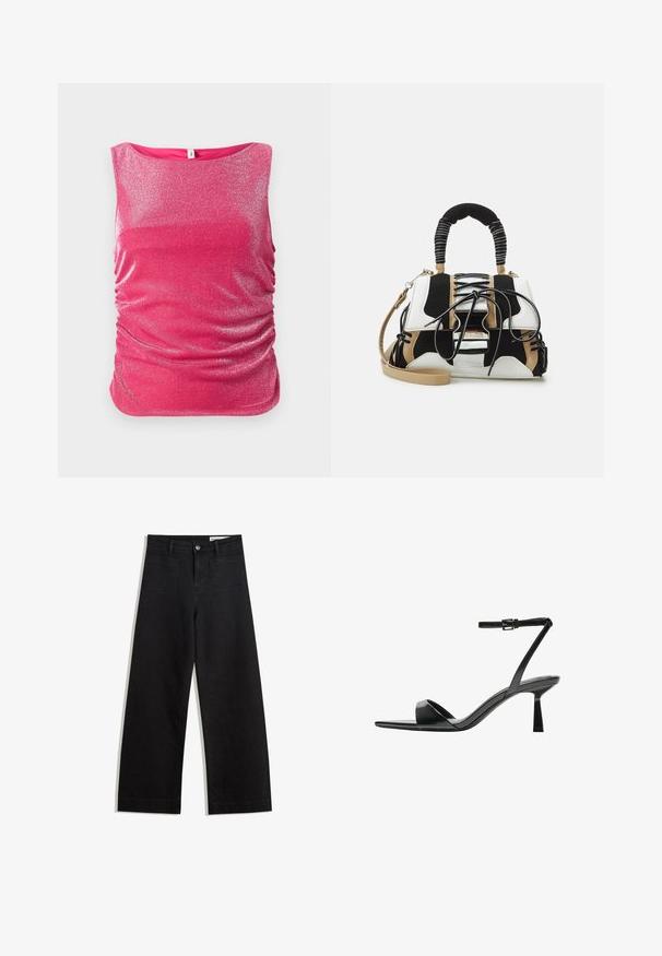 Fuksia ilmanhihainen toppi, jossa on kimalteleva pinta, sivuilla on rypytystä ja pyöreä kaula-aukko. Sujuva kangaspinta.; Mustat leveät farkut korkealla vyötäröllä, joissa on etu- ja takataskut, ommellut saumat ja nappisuljenta. Silkinoinen rakenne.; Bershka Korolliset sandaalit - black; Monivärinen käsilaukku mustasta, valkoisesta ja beigestä verkosta. Siinä on teksturoitu kahva, nauhatyyppinen muotoilu ja irrotettava olkahihna.