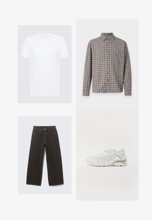 Valkoinen lyhythihainen T-paita, valmistettu sileästä puuvillasta, jossa on pyöreä kaula-aukko; minimalistinen muotoilu, jossa on puhtaat linjat ja ei näkyviä kuvioita.; Ruitshirt in bruin en crème met een button-down kraag, lange mouwen en knopen aan de voorkant; gemaakt van gestructureerde stof.; Mustat leveälahkeiset farkut, joissa on korkea vyötärö, viisi taskua ja napitus. Kankaan pinta on pehmeä ja teksturoidun tuntuinen.; Valkoiset urheilukengät, joissa on verkko-yläosa, teksturoituja päällekkäisiä kerroksia ja sulavaliikkeinen muotoilu. Korostettu vaaleanharmailla yksityiskohdilla ja pehmeällä pohjalla.