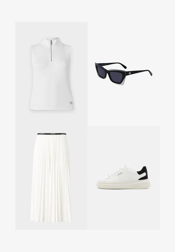 Biely bezrukávový top s stojatým golierom a polovičným zipsom. Má rebrovanú textúru a malú značkovú etiketu na lemovaní.; Plisovaná biela sukňa s čiernym elastickým pásom s logom "LACOSTE". Sukňa je stredne dlhá a má mäkkú textúru.; Biele kožené tenisky s hrubou bielou podrážkou, čiernym zamekom na päte a vyrazeným logom na boku. Šnurovací dizajn so šiestimi očkami.; Čierne oversized slnečné okuliare s geometrickým tvarom, s tmavými šošovkami a kontrastným šedým detailom na ráme. Logo na mostíku.