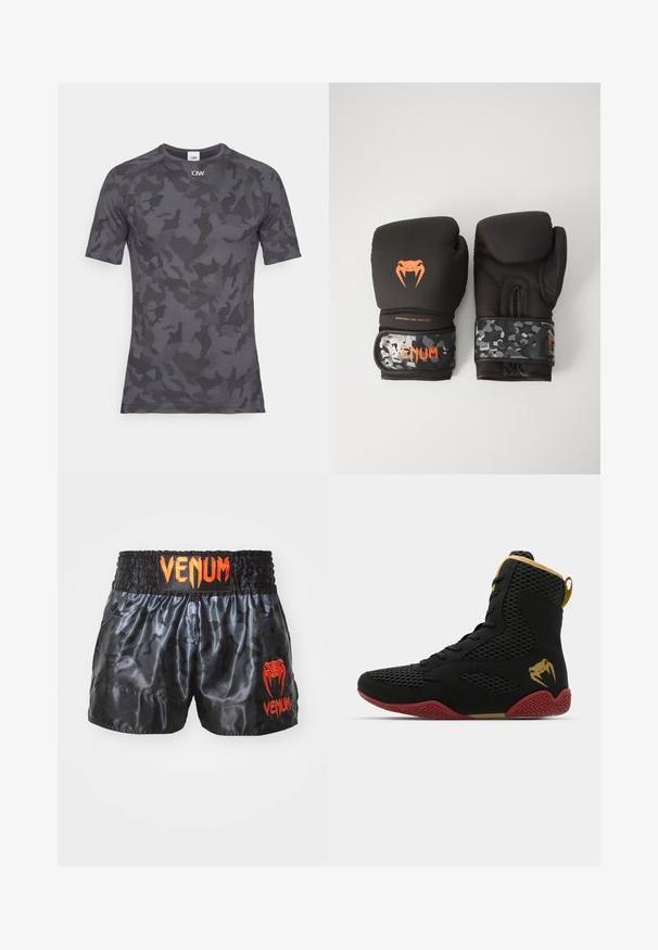 Camiseta ajustada de manga corta en gris oscuro con un patrón de camuflaje. Está hecha de un material suave y elástico con sutiles detalles de textura.; Pantalones cortos de boxeo de satén negro con un patrón de camuflaje, que presentan una cinta elástica en la cintura y un brillante logo "VENUM" en color naranja en la parte frontal.; Zapatilla deportiva alta de malla negra y material sintético, con acentos texturizados, suela de goma roja y detalles en dorado en el tobillo.; Guantes de boxeo negros con acabado mate y diseño ergonómico. Detalles del logo en naranja y tiras de muñeca con patrón de camuflaje.