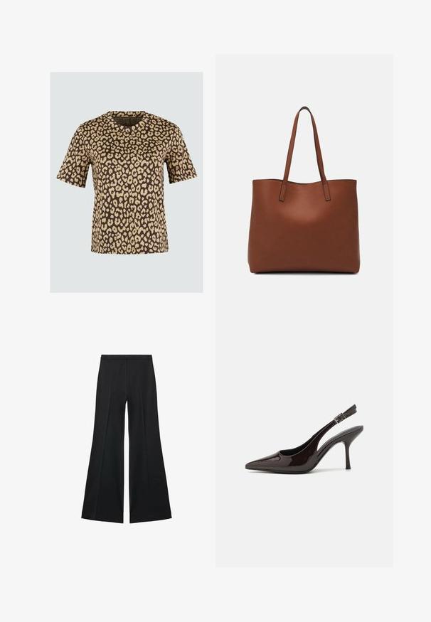 Bruine T-shirt met korte mouwen en een beige luipaardprintpatroon. Ronde hals en een relaxed fit. Zachte, textiele stof.; Zwarte wijde-pijpen broek met een gladde textuur, gekenmerkt door voorplooien en een op maat gemaakte uitstraling. De stof is lichtgewicht en vloeiend.; Slingback hoge hak schoen in glanzend donkerbruin patentleer, puntige neus, open zijkanten en verstelbare enkelband.; Bruine leren tote bag met een gladde textuur, een ontwerp met een open bovenkant en twee schouderbanden. Kenmerkt zich door minimale stiksels en geen zichtbare hardware.