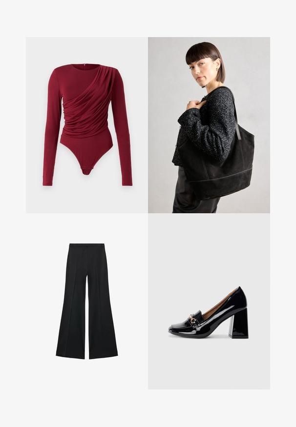 Pitkähiha bodysuit tummanpunaisena, jossa on roikkuvaa kangasta, avonainen kaula-aukko ja napitus alaosassa, valmistettu pehmeästä joustavasta materiaalista.; Mustat leveälahkeiset housut, joissa on sileä pinta, etupuolella laskokset ja muotolaskettu malli. Kangas on kevyttä ja laskeutuvaa.; Musta patenttilakattu korkokenkä, jossa on kärjessä terävä muoto ja lohkarekorko. Koristeellinen nauha ja solki yksityiskohtina kengän päällä.; Musta mokkanahkainen laukku, jossa on sileä pinta, jämäkkä muoto ja kontrastivärinen ommel. Varustettu pitkillä hihnoilla olalla kantamista varten.