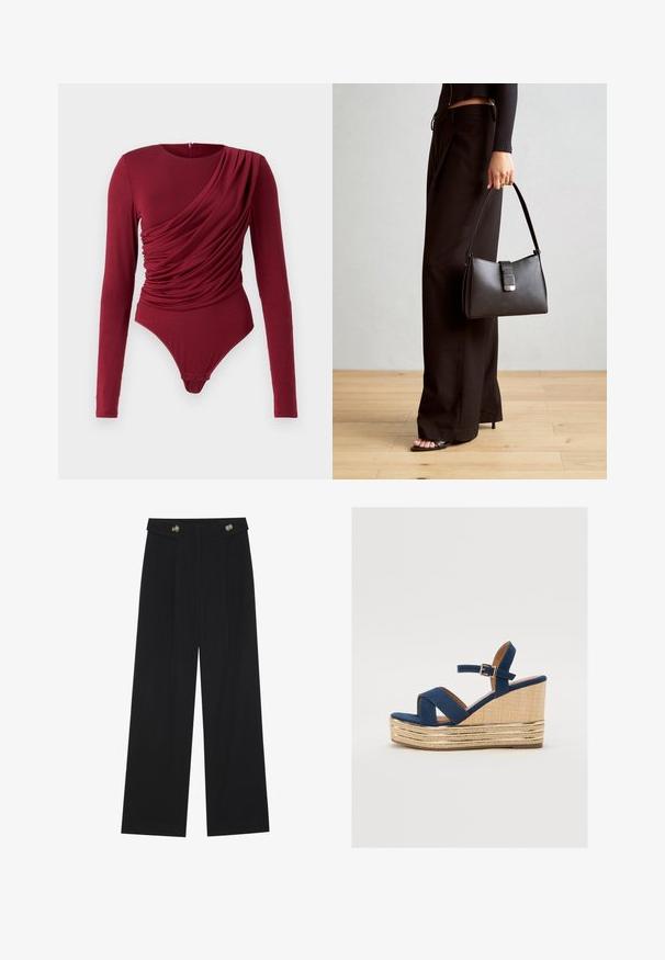 Langærmet bodysuit i dyb rød, med draperet stof, scoop halsudskæring og trykknaplukning i bunden, lavet af blødt stretchmateriale.; Svart vide bukser med høy midje, knappdetaljer på midjebåndet og frontplisser.; Marineblå kilehæl sandal med kryssende stropper, en teksturert plattform av naturlig fiber og en gullmetallisk detalj på bunnen.; Svart håndveske med strukturert form, jevn tekstur og metallisk lås. Kombinert med brede svarte bukser og sandaler med åpen tå på tregulv.