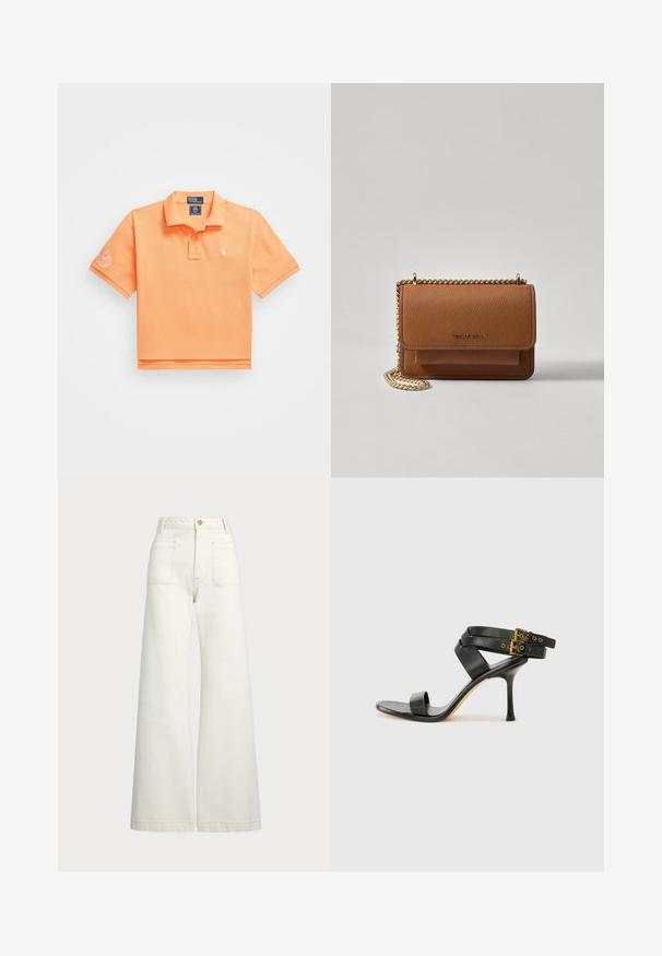 Kortermet polo-skjorte i lys orange bomull, med en placket med to knapper og et lite brodert logo på venstre bryst.; Vidde bukser i off-white denim. Høyt liv-design med knappelukking, to frontlommer og kontrastsøm detaljer.; Svarte hælsandaler med kryssende stropper og justerbar spenne. Har en jevn tekstur og avsmalnende stilettoklakk.; Brun teksturert lær crossover-veske med gullkjede-stropp og klaffelukking. Fronten har logo-detalj og en lomme under klaffen.