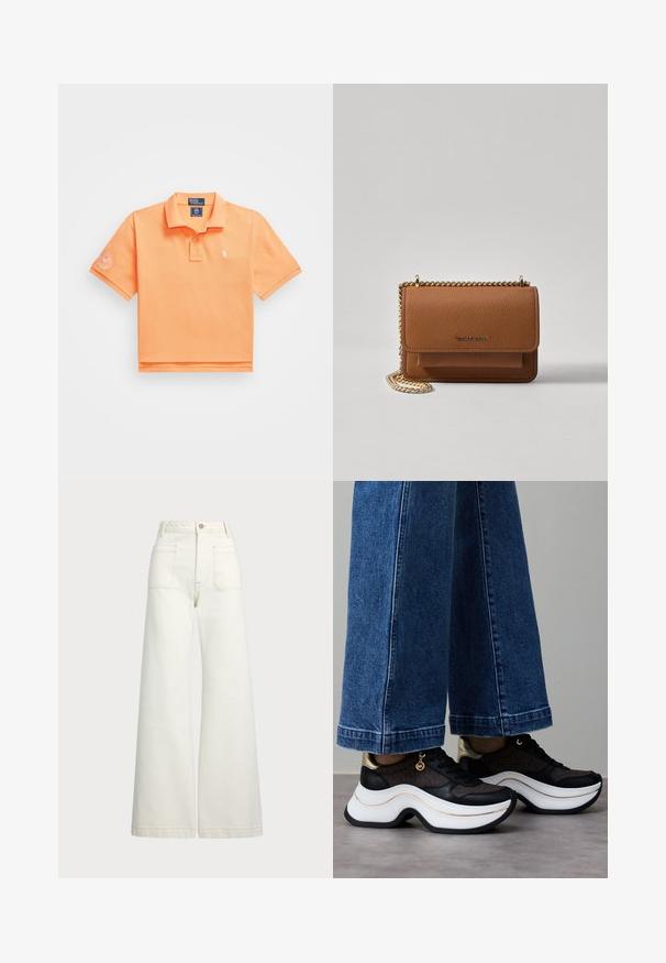 Kortärmad polo i stark orange bomull, med en placket med två knappar och en liten broderad logotyp på vänster bröst.; Vida jeans i off-white denim. Hög midja med knappstängning, två framfickor och kontrastsömnadsdetaljer.; Svart- och guldsneakers med en krökt vit sula. Texturerat tyg med logotypaccenter. Kombinerade med vida blå jeans.; Brun texturerad läder crossbody-väska med guldkedja och klaffstängning. Framsidan har logotypdetalj och en ficka under klaffen.