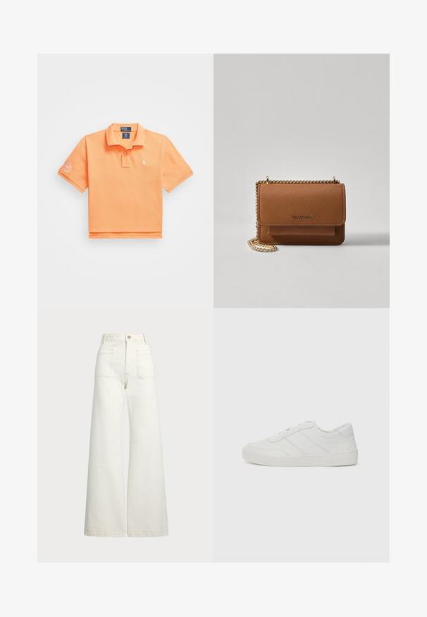 Trumpas rankovės polo marškinėliai ryškiai oranžinės spalvos, pagaminti iš medvilnės, su dviem sagutėmis prie kaklo ir nedideliu siuvinėtu logotipu kairėje krūtinės pusėje.; Plati kojinės džinsai of white denimo. Aukštas liemuo, su mygtuko uždarymu, dviem priekinėmis kišenėmis ir kontrastingai siuvinėjimu.; Baltos odinės sportinės bateliai su plokščiomis raišteliais, apvaliu nosiu ir subtiliomis siuvinėjimo detalėmis. Turi tekstūruotą pado paviršių ir iškilų prekės ženklą ant kulno.; Ruda tekstūruota odinė per petį nešama rankinė su auksiniu grandininiu dirželiu ir užlenkiamo užsegimo. Priekinėje pusėje yra logotipo detalė ir kišenė po užlenkimu.