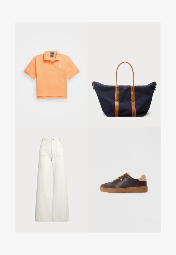 Koszulka polo z krótkim rękawem w jasnopomarańczowym kolorze, wykonana z bawełny, z dwoma guzikami oraz małym haftowanym logo po lewej stronie klatki piersiowej.; Spodnie dżinsowe o szerokich nogawkach w odcieniu off-white. Wysoki stan z zapięciem na guzik, dwiema kieszeniami z przodu i detalami z kontrastowym przeszyciem.; Ciemnobrązowe skórzane i zamszowe sneakersy z jasnobrązowymi sznurówkami i podeszwą, ze złotym logotypem oraz napisem "Michael Kors" wytłoczonym na podeszwie.; Granatowa torba podróżna z płótna z beżowymi skórzanymi paskami, z zamkiem błyskawicznym oraz małym czerwonym logo na froncie, charakteryzująca się szeroką i przestronną konstrukcją.