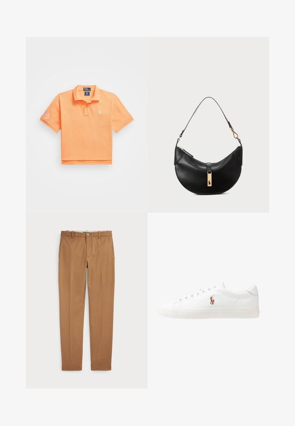 Krátký rukáv polo tričko v jasně oranžové bavlně, s dvoutlačítkovou légu a malým vyšitým logem na levé hrudi.; Hnědé bavlněné kalhoty s úzkým střihem, plochým předním dílem a standardními kapsami; hladký povrch a lemované manžety.; Bílé kožené tenisky, nízký střih, s hladkým povrchem, kulatou špičkou, šněrováním v přední části a malým vyšitým logem na boku.; Černá kožená kabelka ve tvaru půlměsíce. Obsahuje zlaté kovové detaily a úzký popruh. Hladký povrch, zapínání na zip na vrchu.