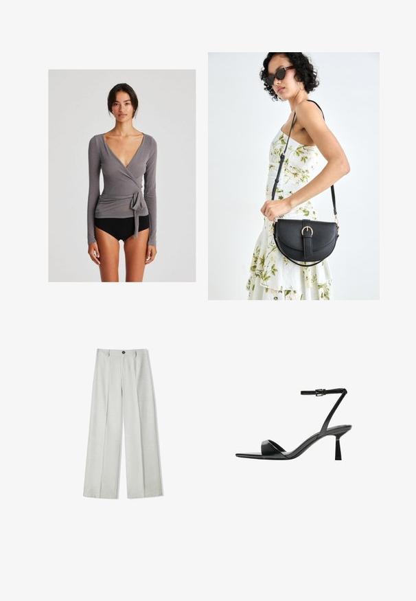 GAI+LISVA ANNE WRAP - Top dugih rukava - dark gull grey; Svijetlosive hlače širokih nogavica napravljene od teksturirane tkanine, s kopčanjem na dugme i dva nabora sprijeda za dodatni detalj.; Bershka Sandale s visokom petom - black; Crna kožna torba s lukovitim oblikom, odvojivim remenom i zlatnim detaljima. Torba ima preklop s kopčom.