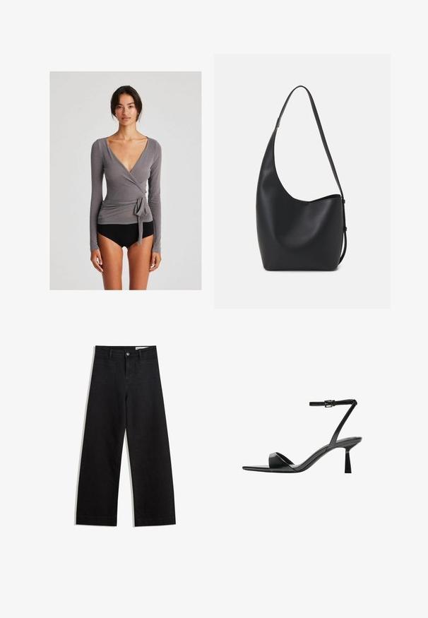 GAI+LISVA ANNE WRAP - Top s dlouhým rukávem - dark gull grey; Černé denimové kalhoty s volným střihem a vysokým pasem, vybavené předními a zadními kapsami, prošívanými švy a knoflíkovým zapínáním. Hladká textura.; Bershka Sandály na vysokém podpatku - black; Černá kožená hobo taška s hladkým povrchem, zakřiveným tvarem a jedním nastavitelným popruhem; má široké otevírání nahoře.