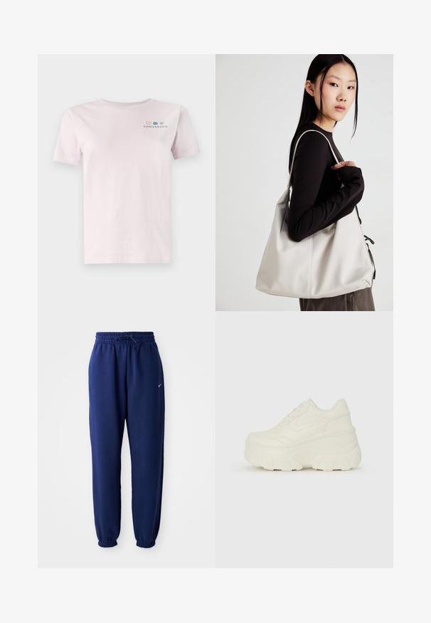 Šviesiai rožinė medvilninė marškinėliai trumpomis rankovėmis ir apvaliu kaklu, su daugiaspalviu "Converse" logotipu ant krūtinės.; Tamsiai mėlynos sportinės kelnės, pagamintos iš minkštos medžiagos, su elastingu juosmeniu ir raišteliu, elastinėmis rankovėmis ir mažuoju baltu logotipu.; Baltos platformos sportbačiai su lygiu odos primenančiu paviršiumi, apvalia forma, paminkštintu apykakle ir tekstūruotu guminiu padu su ryškiais protektoriais.; Bežinė rankinė, pagaminta iš minkštos medžiagos, turinti laisvą dizainą, siuvinėtas detalės ir dvi petnešos. Tinkama kasdieniam naudojimui.