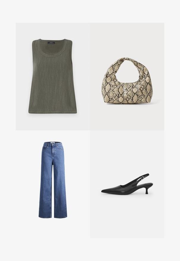 Mouwloze top in olijfgroen met een subtiele textuurpatroon, ronde hals en een rechte zoom. Gemaakt van lichtgewicht stof.; Lichtblauwe denim wijde jeans met een hoge taille, twee voorzakken en zichtbare stiksels. Voorzien van een knoop- en ritssluiting.; Zwarte leren slingback schoen met een puntige neus en een slanke, gebogen hak. Voorzien van een discrete verstelbare band met een metalen gesp.; Slangpatroon handtas met een gebogen handvat. Gemaakt van gestructureerde, beige en bruine materialen, met een kenmerkend ruitpatroon.
