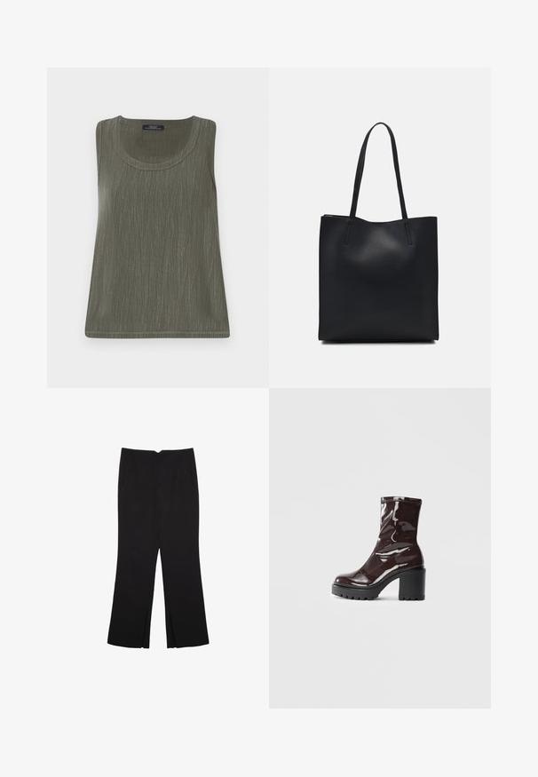 Bezramenný top v olivově zelené barvě s jemným texturovaným vzorem, kulatým výstřihem a rovním lemem. Vyrobeno z lehkého materiálu.; Černé kalhoty s rovným střihem, s předními kapsami a bočními rozparky na lemu. Vyrobené z jemné, hladké tkaniny. Vhodné na různé příležitosti.; Lesklá bordó kotníková bota s masivním černým podpatkem, se hladkým povrchem a jednoduchým designem. Žádné viditelné zapínání ani vzory.; Černá kožená taška přes rameno s hladkým povrchem, obdélníkovým tvarem a dvěma dlouhými uchy. Žádné viditelné kování ani ozdoby.