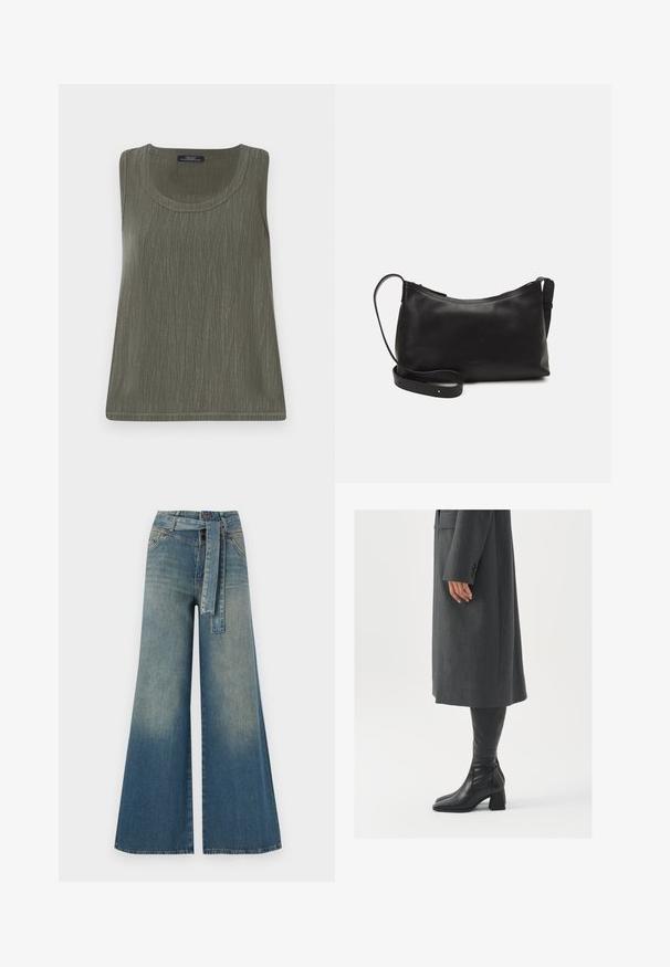 Bez piedurknēm, olīvzaļā krāsā, ar smalku tekstūras rakstu, apaļu kakla izgriezumu un taisnu apakšmalu. Izgatavots no viegla auduma.; Platām kājām džinsu bikses ar gaismas līdz tumši zilam gradientam, augstu jostas līniju, jostas cilpām un atbilstošu auduma jostu. Tekstūrēts džinsas apdare.; Pelēks, pielāgots mētelis ar taisnu griezumu; kombinēts ar melniem ādas zābakiem līdz ceļiem, kuriem ir kvadrāta formas purngals un masīla dūre.; Melna ādas plecu soma ar gludu tekstūru, izliekta forma, regulējama siksna un rāvējslēdzēja aizdare. Minimālistisks dizains bez rotājumiem.