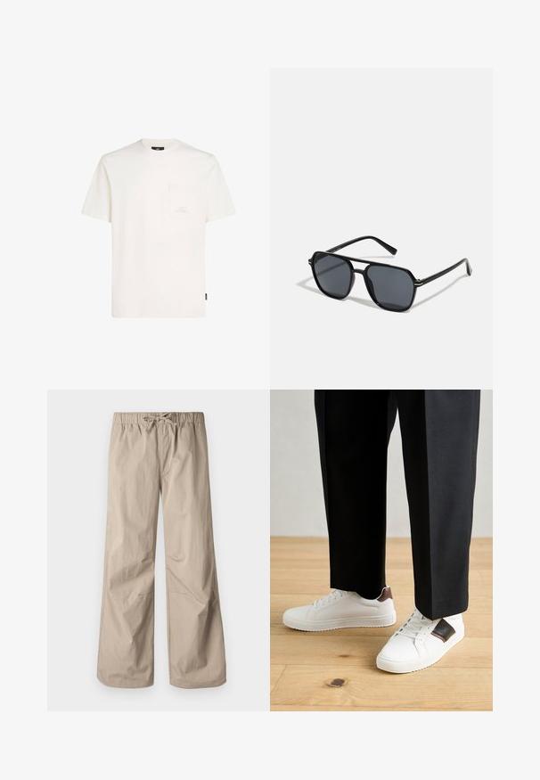 Hvid kortærmet t-shirt lavet af bomuld, med en frontlomme og små logo detaljer på brystet. Blød tekstur og afslappet pasform.; Beige brede bukser med elastisk talje og snøre. Glat tekstur, to sidelommer og minimale sømme for en afslappet pasform.; Hvide sneakers med glat tekstur, prydet med brune læderdetaljer og sorte detaljer, sammen med sorte skræddersyede bukser. Baggrund med trægulv.; Sorte solbriller med oktagonal stel, mørke linser, blank overflade, fine stænger og guldaccenter på forsiden.