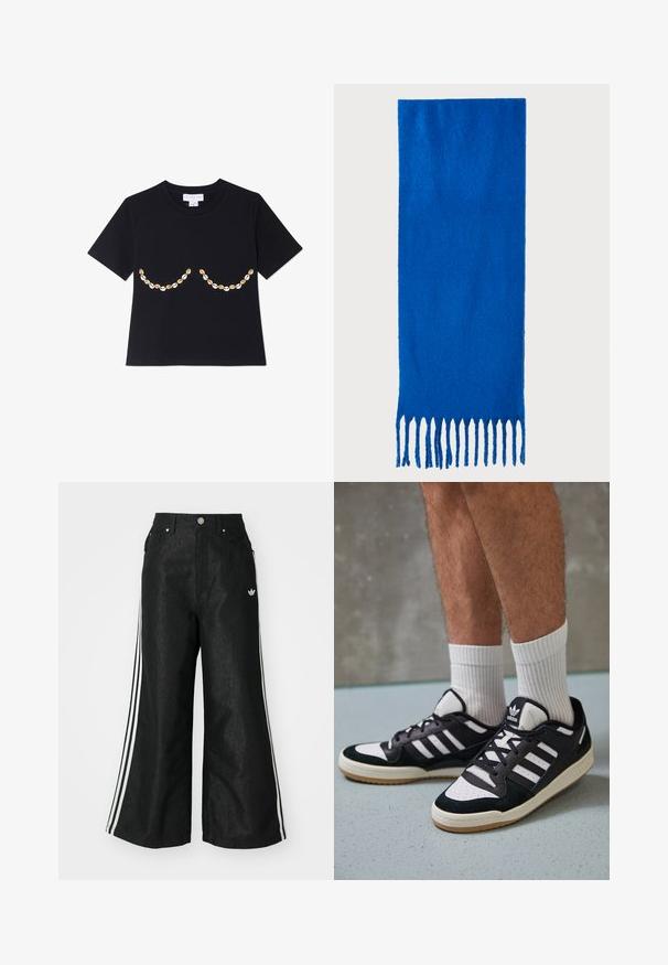 T-shirt preto de manga curta com um padrão decorativo de conchas claras e escuras na área do peito. Textura de tecido macio.; Calças de denim largas pretas com três riscas brancas em cada lado e um pequeno logótipo branco. Apresenta bolsos frontais e um fecho de botão.; Ténis em preto e branco com upper em camurça e couro, apresentando três riscas brancas, um toe perfurado e uma sola em borracha de goma.; Cachecol azul com franjas, feito de tecido macio; apresenta uma cor sólida com uma superfície texturizada e franjas cortadas de forma uniforme na parte inferior.