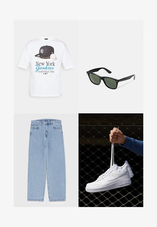 Camiseta de algodón blanca con un gráfico de una gorra negra de los New York Yankees y una pelota de béisbol, con "New York Yankees Established 1903" impreso en azul y negro.; Jean de mezclilla azul claro con diseño de pierna recta, con una cintura de altura media, cinco bolsillos y un cierre de botón y cremallera.; Zapatillas de cuero blanco con perforaciones, punta redonda, suela plana y cordones gruesos, con un logo de swoosh visible y "AIR" en el talón.; Gafas de sol de plástico negro con lentes verdes, montura cuadrada, acento plateado en la ceja y brazos texturizados. Marca indicada en el brazo interno.