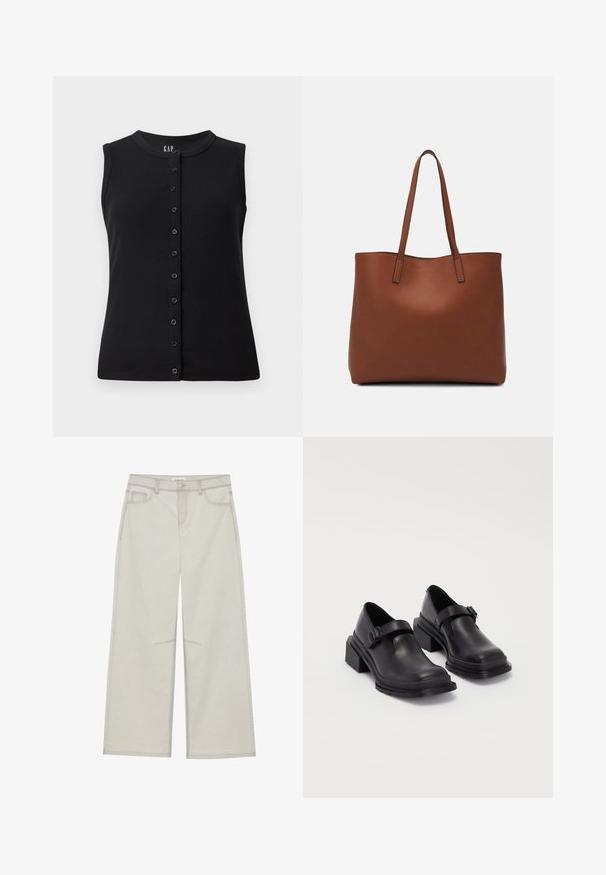 Černý bezrukávový top s kulatým výstřihem a předním zapínáním na osm knoflíků, vyrobený z úpletu.; Světle šedé kalhoty s širokými nohavicemi, pěti kapsami, předním zapínáním na knoflík a kontrastním stehem podél švů. Materiál vypadá jemně a odolně.; Černé kožené boty s kulatou špičkou, plochou podrážkou a páskem s detaily s přezkou. Masivní blokový podpatek pro zvýšenou stabilitu.; Hnědá kožená taška přes rameno s hladkou texturou, otevřeným designem a dvěma ramenními popruhy. Obsahuje minimální švy a žádné viditelné kovové prvky.