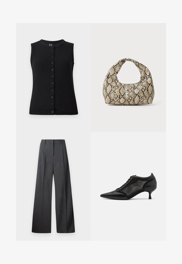 Svart ermeløs topp med rund hals og frontlukking med åtte knapper, laget av ribbet stoff.; Vide bukser i mørkegrått stoff med høy livlinje, enkel press, og en glatt tekstur med en ren finish på ermekantene.; Svart spiss tå-sko med meshpaneldesign, med lav hæl og snøring foran. Laget av en kombinasjon av lær og meshmateriale.; Veske med slangeskinnmønster og krummet håndtak. Laget av teksturerte, beige og brune materialer, med et særegent diamantmønster.
