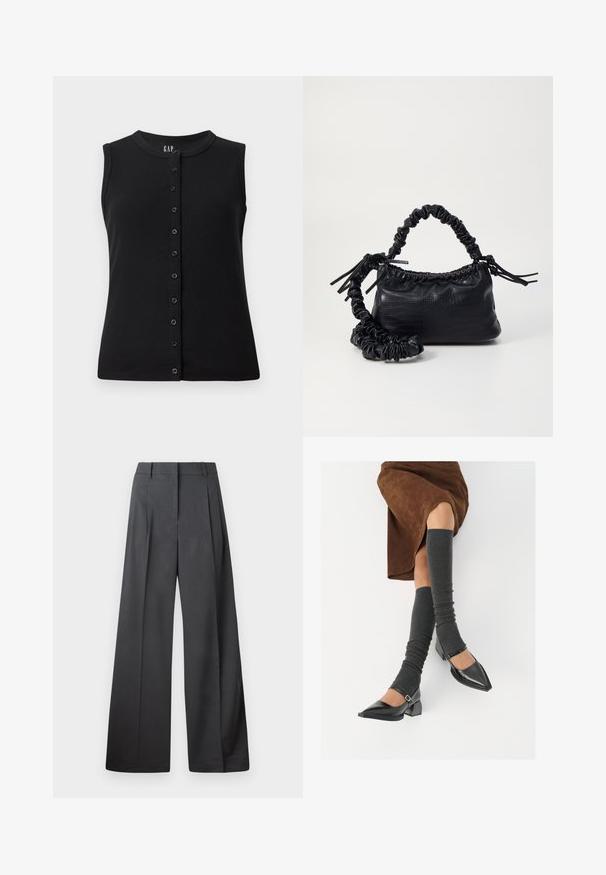 Top negro sin mangas con un cuello redondo y un cierre frontal de botones con ocho botones, hecho de tela acanalada.; Pantalones de pierna ancha en tejido gris oscuro, con una cintura alta, pliegues simples y una textura suave con un acabado limpio en los dobladillos.; Zapatos de charol negros con punta afilada, tacón bloque y tira de tobillo, combinados con calentadores de piernas de canalé grises y una falda de ante marrón.; Bolso de mano de imitación cuero negro con textura de cocodrilo, parte superior fruncida y correa arrugada. Presenta un diseño suave y compacto.