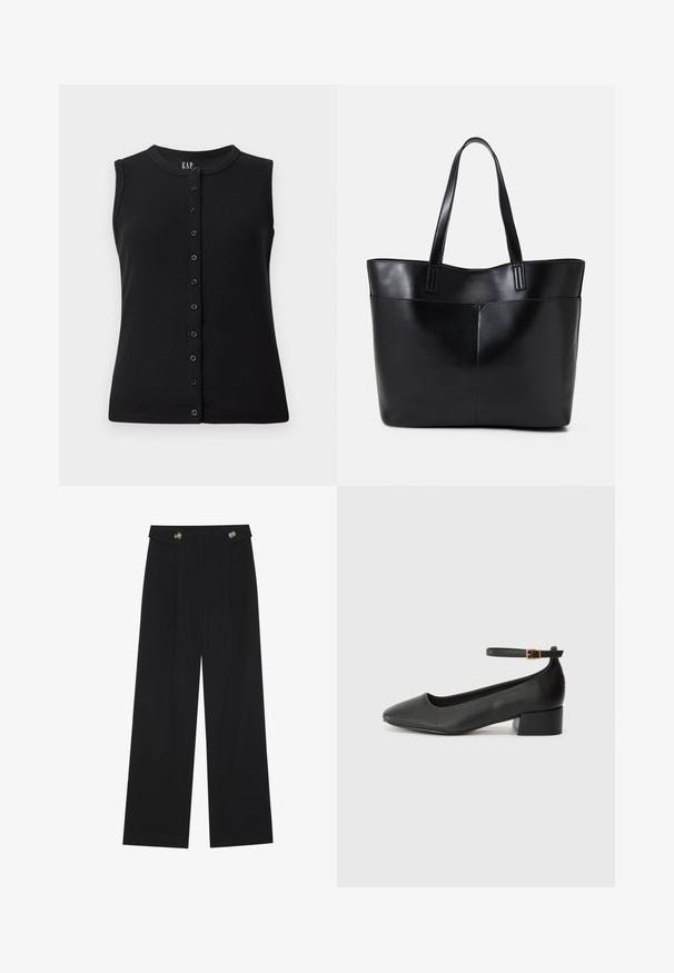 Black sleeveless top featuring a round neckline and a front button closure with eight buttons, made of ribbed fabric.; Black wide-leg trousers with high waist, button details on waistband, and front pleats.; Black leather pump with a pointed toe and a low block heel. Features an ankle strap with a gold-tone buckle. Smooth texture.; Black leather tote bag with two long handles, a smooth texture, and a structured shape. Features a front pocket for additional storage.