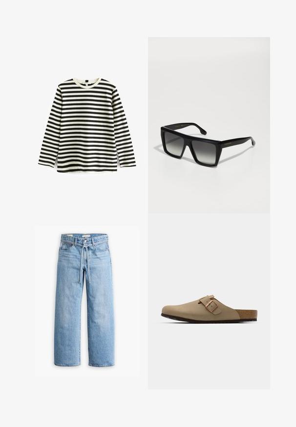 Majica z dolgimi rokavi iz bombaža z horizontalnimi črno-belimi črtami, okroglo ovratnikom in mehko teksturo. Brez vidnih dodatkov ali okrasov.; Svetlo modri traper široki hlače z visokim pasom, z gumbom in zadrgo ter detajlom s povezanico v pasu. Neobdelan rob.; Bežna klompa z zaobljenim nosom, nastavljivim sponko in korčnim podplatom. Teksturirana površina s črnim gumijastim podplatom za oprijem.; Črne oversized kvadratne sončne naočar s postopnim prehajanjem leč, debelimi okvirji in zlatim logotipom na ušesnem delu. Gladek plastičen material.