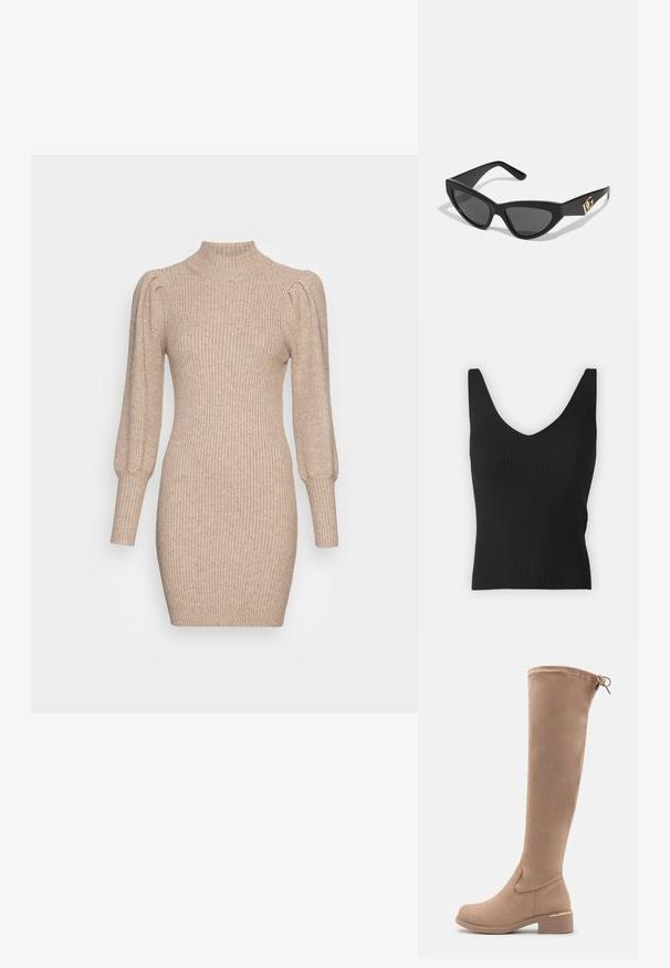 Musta ribbed-hihaton toppi, jossa on syvä V-pääntie ja leveät olkaimet. Silkkinen pinta, istuva siluetti ja ei näkyviä koristeita.; Neulemekko beigen värissä, jossa on ribbitekstuuri, korkea kaula-aukko ja puffihihat. Tiukasti myötäilevä siluetti ja lyhyt helma.; Beige mokkasiinivarren nahkakengät pyöreällä kärjellä, tukevalla korolla ja hienovaraisella kultaisella yksityiskohdalla korossa. Sileä pinta ja vartalonmyötäinen muotoilu.; Aurinkolasit kissansilmällä, joissa on matta musta muovikehys, tummat linssit ja kultainen logokiinnitys temppeleissä. Kulmikas muotoilu ja sileä pinta.; Michael Kors kääröbeige pinnoitettua kangasta, jossa on toistuva MK-logo -kuvio, kultaiset yksityiskohdat ja irrotettava ketjuhihna.