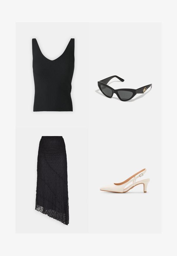 Zwarte geribbelde tanktop met een diepe V-hals en brede schouderbanden. Glad textuur, getailleerde snit en geen zichtbare versieringen.; Zwarte kanten top met een off-the-shoulder halslijn, lange klokmouwen en gekartelde randen. Geweven bloemenpatroon overal.; ONLY ONLKIM LACE SKIRT - Maxirok - black; Witte slingback hak met een spitse neus, glad bovenmateriaal, lage blokhak en een design met uitsparingen aan de zijkant, voorzien van een verstelbare gespsluiting.; Cat-eye zonnebrillen met een matte zwart plastic frame, donkere lenzen en een gouden logo-accent op de poot. Hoekig ontwerp en een soepele textuur.