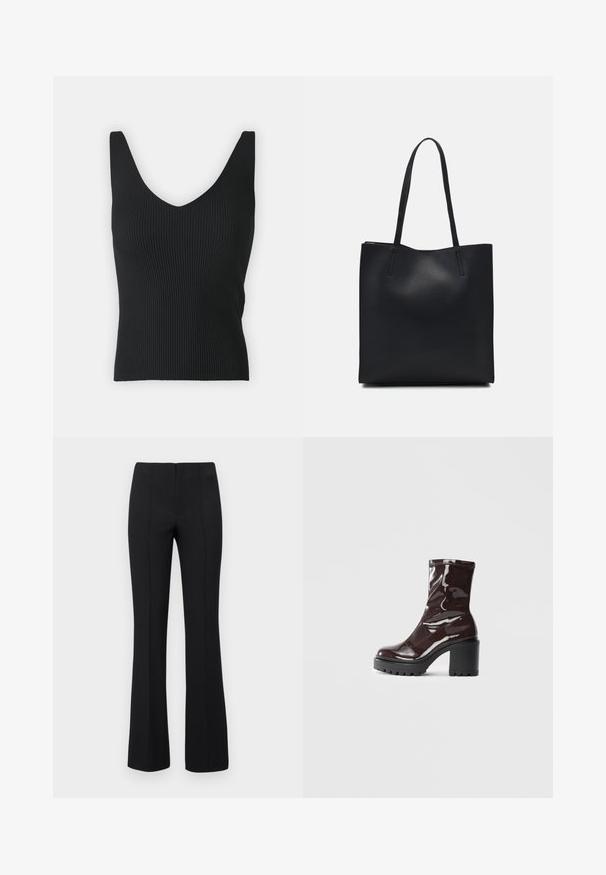 Black ribbed tank top with a deep V-neckline and wide shoulder straps. Smooth texture, fitted silhouette, and no visible embellishments.; Black flared trousers with a ribbed texture and fitted waist. The design features vertical seams for a streamlined look. No visible hardware.; Glossy burgundy ankle boot with a chunky black heel, featuring a smooth texture and simple design. No visible fastenings or patterns.; Black leather tote bag with smooth texture, rectangular shape, and two long handles. No visible hardware or embellishments.
