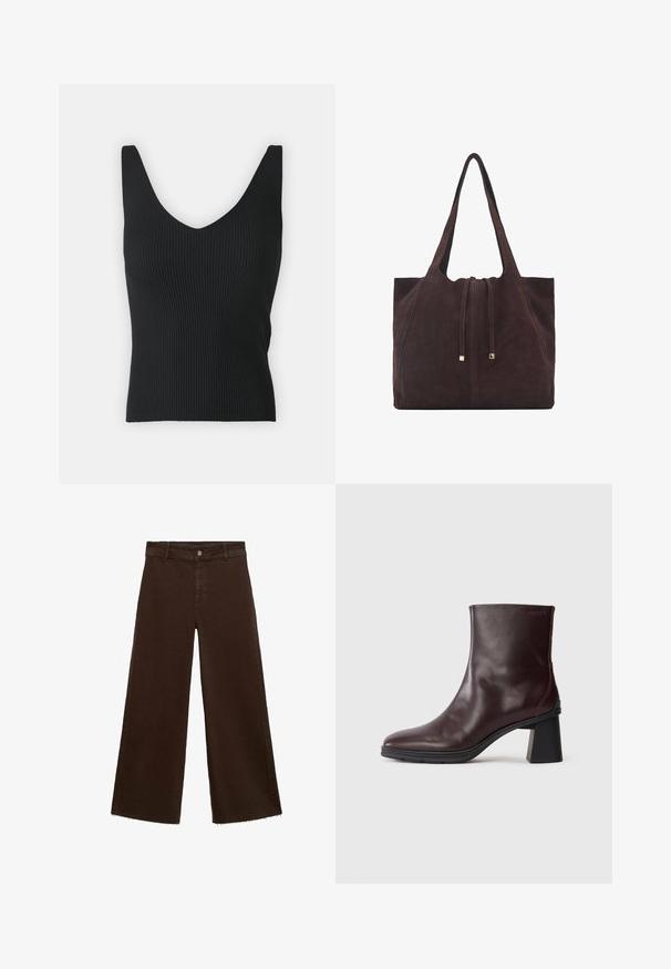 Zwarte geribbelde tanktop met een diepe V-hals en brede schouderbanden. Glad textuur, getailleerde snit en geen zichtbare versieringen.; Bruine wijde broek in katoenmix, met een rafelige zoom, sluiting met een knoop aan de voorkant en een klassieke vijf-pocketstijl. Minimalistisch en veelzijdig.; Donkerbruin leren enkellaarsje met een blokhak en ronde neus, weergegeven op een effen lichtgrijze achtergrond.; Mango Shopper - dark brown
