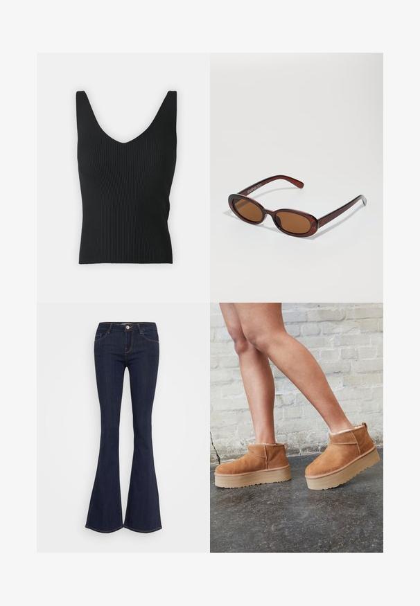 Black ribbed tank top with a deep V-neckline and wide shoulder straps. Smooth texture, fitted silhouette, and no visible embellishments.; Dark denim flared jeans with a fitted waist, featuring a front button closure, five-pocket design, and seam detailing along the legs.; Brown suede ankle boots with a plush lining, thick beige platform sole, and a rear pull tab. Textured surface with visible stitching details.; Round, brown-tinted sunglasses with a glossy burgundy frame. Slim arms with subtle branding detail. Flat lens design.