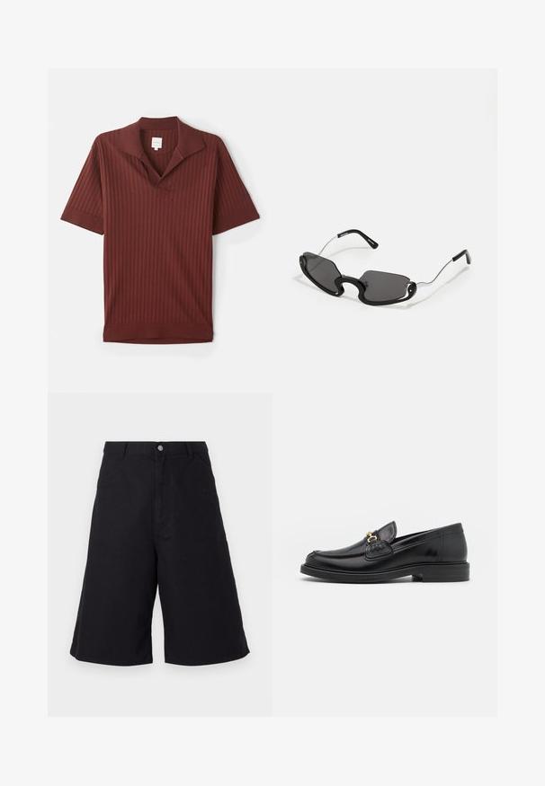 Bordová polokošeľa s rebrovanou textúrou, krátkymi rukávmi, špicatým golierom a malým modrým logom na ľavom rukáve.; Čierne bavlnené šortky s rovný strihom, vybavené prednými vreckami, zapínaním na gombík a textúrou vhodnou na neformálne nosenie.; Čierne kožené loafers so zaoblenou špičkou, s pozlátenými kovovými prvkami a detailným šitím, uložené na nízkej, textúrovanej gumenej podrážke.; Čierne slnečné okuliare s jedinečným tvarom štítu, vybavené tmavými sklami a tenkými striebornými kovovými ramenami. Rámy majú zaoblené akcenty a odvážny dizajn.