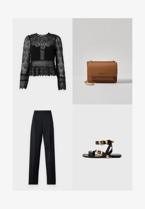 Sea LAINEY EMBROIDERY - Μπλούζα - black; Μαύρο παντελόνι φτιαγμένο από λείο ύφασμα με ψηλή μέση, φαρδιές γάμπες, πλάγιες πιέτες και κλασσικές θηλιές ζώνης. Δεν υπάρχουν ορατές πλαϊνές τσέπες.; Μαύρα δερμάτινα σανδάλια με χρυσές αγκράφες, διαθέτουν πολυάριθμες λωρίδες και επίπεδη σόλα σχεδίασης για ανοιχτό μπροστινό.; Καφέ δερμάτινη τσάντα χιαστί με υφή, με χρυσή αλυσίδα στον ιμάντα και κλείσιμο με καπάκι. Στο μπροστινό μέρος υπάρχει λεπτομέρεια με λογότυπο και μία τσέπη κάτω από το καπάκι.