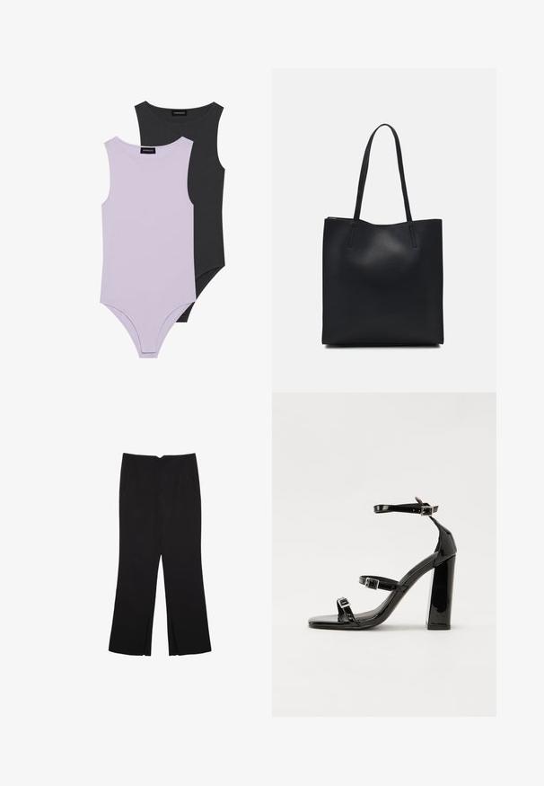 Dva bezrokavnika: en v svetlem lavandula, drugi v temno sivi. Narejena iz mehke tkanine z okroglim izrezom in prilegajočim krojem.; Črne hlače ravnega kroja z naglavnimi žepi in stranskimi razporki na robu. Narejene iz mehke, gladke tkanine. Primerne za različne priložnosti.; Črne lakirane sandale s peto, kvadratnim prstom, trakovi okrog gležnja in srebrnimi zaponkami. Opremljene so s stabilno Debelo peto.; Črna usnjena torba s svilnato teksturo, pravokotne oblike in dvema dolgima ročajema. Brez vidnih metalnih delov ali okrasnih elementov.