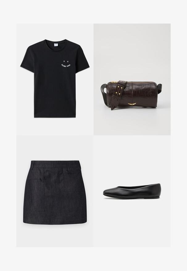 T-shirt de algodão preta com gola redonda e mangas curtas. Apresenta texto gráfico branco em um design curvado na parte da frente. Estilo minimalista.; Saia de denim escura com um corte reto, apresentando dois bolsos frontais e uma textura subtil. Bainha limpa e design de cintura padrão.; Paul Smith TOPANGA - Sabrinas - black; Bolsa de couro com textura de crocodilo na cor marrom, com forma cilíndrica, metalizações em tom dourado e uma alça destacável com tachas.