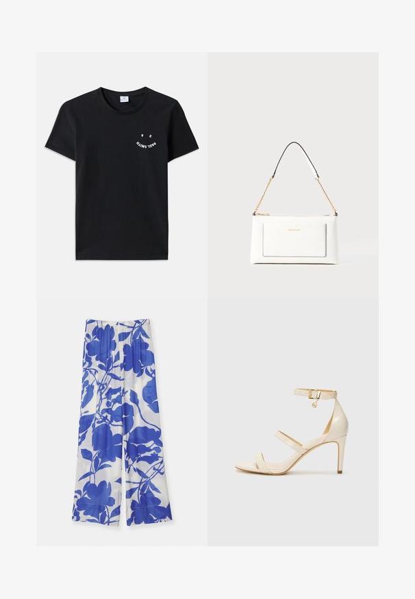 Svart bomull T-skjorte med rund hals og korte ermer. Har hvit grafisk tekst i en bølget design på forsiden. Minimalistisk stil.; Videbukser i lett stoff med et blått blomsterdesign på hvit bakgrunn. Elastisk midje for komfort.; Beige høyhælte sandaler med tynn ankelstropp og to stropper over. Glanset lakkfinish og detaljer i gull på ankelstroppen.; Hvit lærveske med teksturert overflate, utstyrt med gullkjede for å bære over skulderen og svarte detaljer. Inkluderer en frontlomme og glidelås.