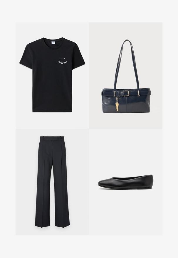 Schwarzes Baumwoll-T-Shirt mit rundem Hals und kurzen Ärmeln. Verfügt über weißen Grafikttext in einem gebogenen Design auf der Vorderseite. Minimalistischer Stil.; Dunkelblaue Nadelstreifenhosen mit hoher Taille, weit geschnittenem Bein und ohne sichtbare Beschläge oder Verzierungen. Glatte Textur und taillierte Passform.; Paul Smith TOPANGA - Klassischer Ballerina - black; Marineblaue Lederhandtasche mit zwei langen Griffen, einer Schnallen-Detailierung und einem daran befestigten Schlüsselanhänger. Besitzt eine glatte Textur und eine rechteckige Form.