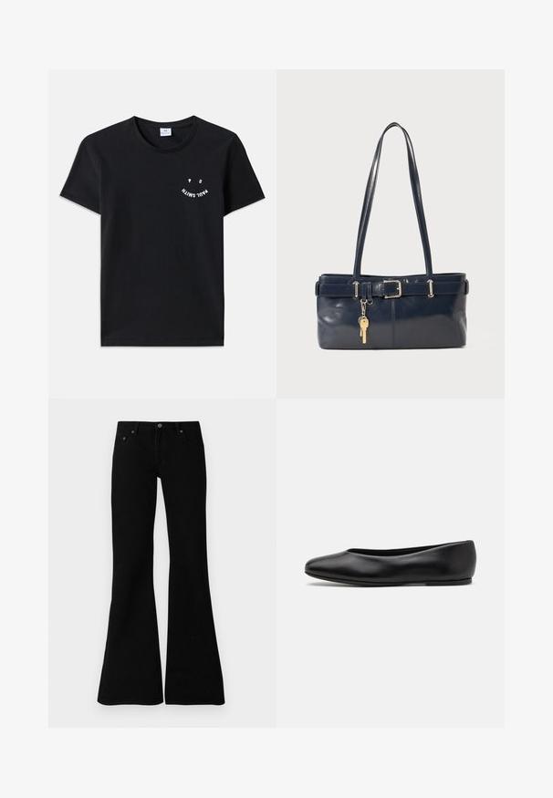 Czarny bawełniany t-shirt z okrągłym dekoltem i krótkimi rękawami. Z przodu znajduje się biały graficzny tekst w zakrzywionym wzorze. Styl minimalistyczny.; Czarne dzwonowe dżinsy wykonane z denimu, z klasycznym pięcio-kieszeniowym fasonem, zapięciem na guzik oraz subtelnymi detalami wzdłuż szwów.; Paul Smith TOPANGA czarny; Granatowa skórzana torebka z dwoma długimi uchwytami, detalem w postaci klamry oraz dołączonym breloczkiem. Charakteryzuje się gładką teksturą i prostokątnym kształtem.