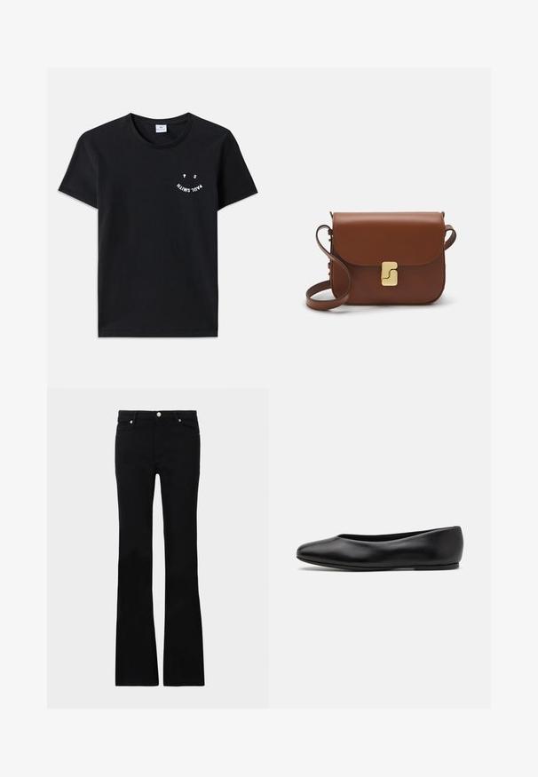 Mustat puuvillapaidat, joissa on pyöreä kaula-aukko ja lyhyet hihat. Etuosassa valkoista graafista tekstiä kaarevassa muodossa. Minimalistinen tyyli.; Mustat levenevät farkut, valmistettu denimi- materiaalista, varustettu kahdella etutaskulla, napin sulkimella ja sileällä pinnalla. Alussa näkyviä erityisompeleita.; Paul Smith TOPANGA - Ballerinat - black; Ruskea nahkainen käsilaukku, jossa on läppäkiinnitys, kultasävyiset yksityiskohdat, olkahihna ja sileä pinta. Kompaktin suorakaiteen muotoinen.