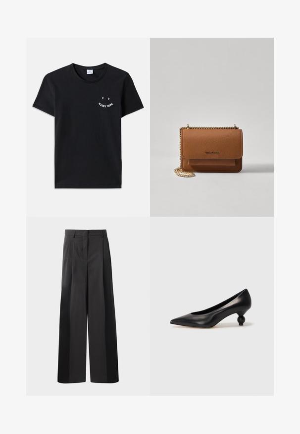 Czarny bawełniany t-shirt z okrągłym dekoltem i krótkimi rękawami. Z przodu znajduje się biały graficzny tekst w zakrzywionym wzorze. Styl minimalistyczny.; Czarne szerokie spodnie z wysokim stanem, z przodu z fałdami, o gładkiej fakturze i dopasowanym wykończeniu. Zaprojektowane z myślą o luźnym kroju.; Czarna skórzana szpilka z ostrym czubkiem i okrągłym, kulistym obcasem. Gładka tekstura z eleganckim, minimalistycznym wzornictwem.; Brązowa skórzana torba na ramię z teksturą, z złotym łańcuszkiem i zapięciem na klapkę. Z przodu znajduje się detal z logo oraz kieszeń pod klapką.
