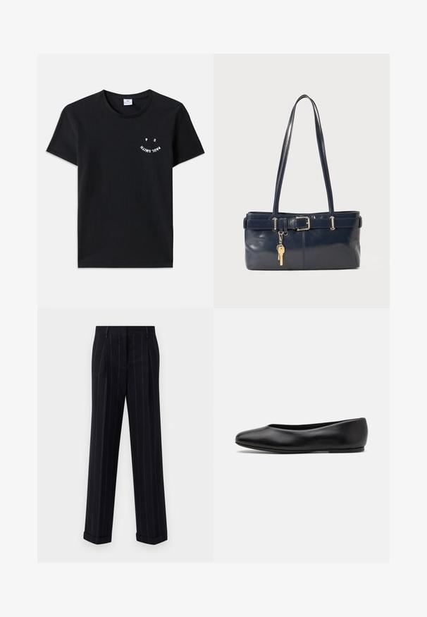 Black cotton t-shirt with a round neck and short sleeves. Features white graphic text in a curved design on the front. Minimalist style.; Black pinstriped trousers with a tailored fit, featuring a cuffed hem and front pleats. Made of smooth fabric with a structured design.; Paul Smith TOPANGA - Ballet pumps - black; Navy leather handbag with two long handles, a buckle detail, and a keychain attached. Features a smooth texture and a rectangular shape.