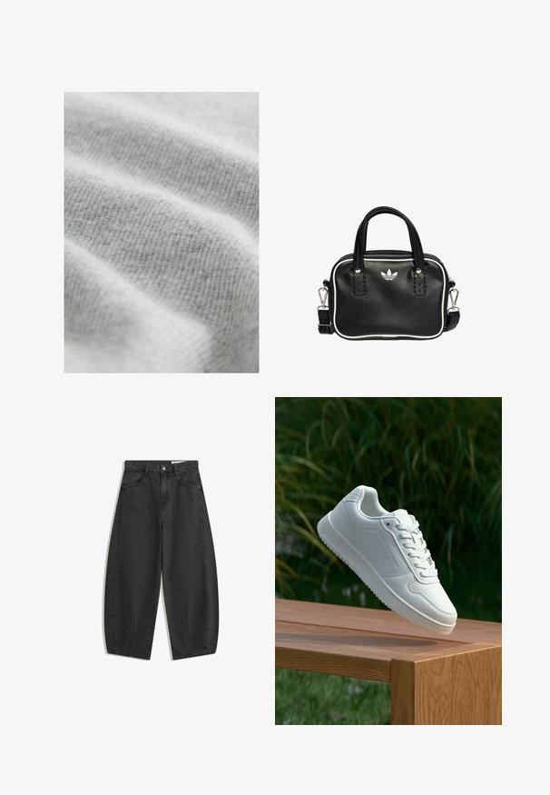 Hellgrauer Stoff mit einem weichen, strukturierten Rippenmuster, das subtile Farbvariationen aufweist und eine glatte, einladende Oberfläche hat.; Schwarze weit geschnittene Jeans mit hoher Taille, Fronttaschen, Gürtelschlaufen und Knopfverschluss, flach auf einem weißen Hintergrund präsentiert.; Weiße Sneaker mit einem glatten, synthetischen Obermaterial, perforierter Zehenbox, flachen Schnürsenkeln und einer strukturierten Sohle, präsentiert auf einer Holzoberfläche.; Schwarze Lederhandtasche mit zwei kurzen Griffen, silbernem Zubehör, weißen Akzenten und einem weißen Logo. Verfügt über eine strukturierte Oberfläche und ein kompaktes Design.